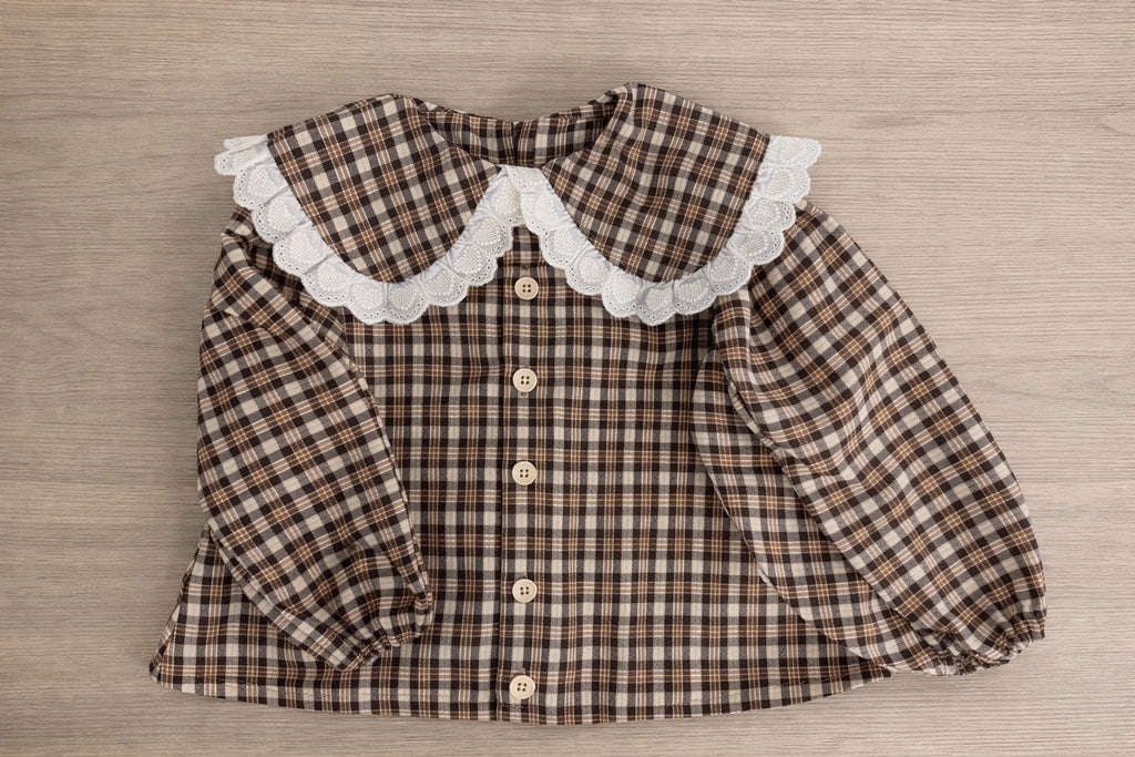 Vintage Plaid Lace Collar girls Blouse