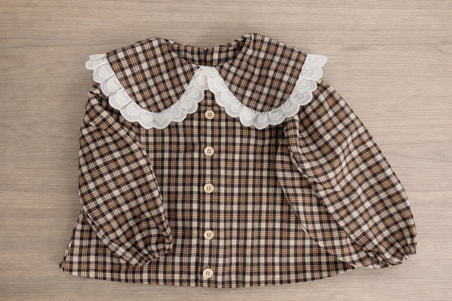 Vintage Plaid Lace Collar girls Blouse