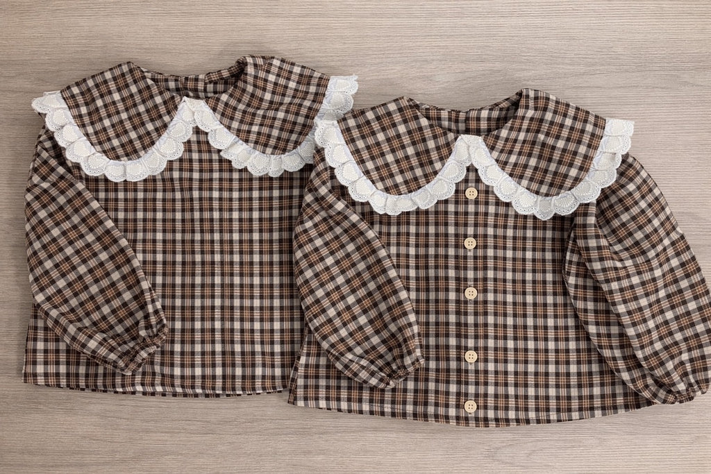 Vintage Plaid Lace Collar girls Blouse