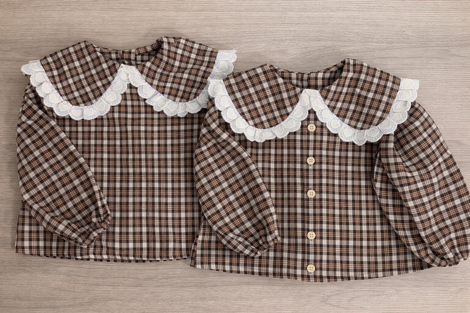 Vintage Plaid Lace Collar girls Blouse