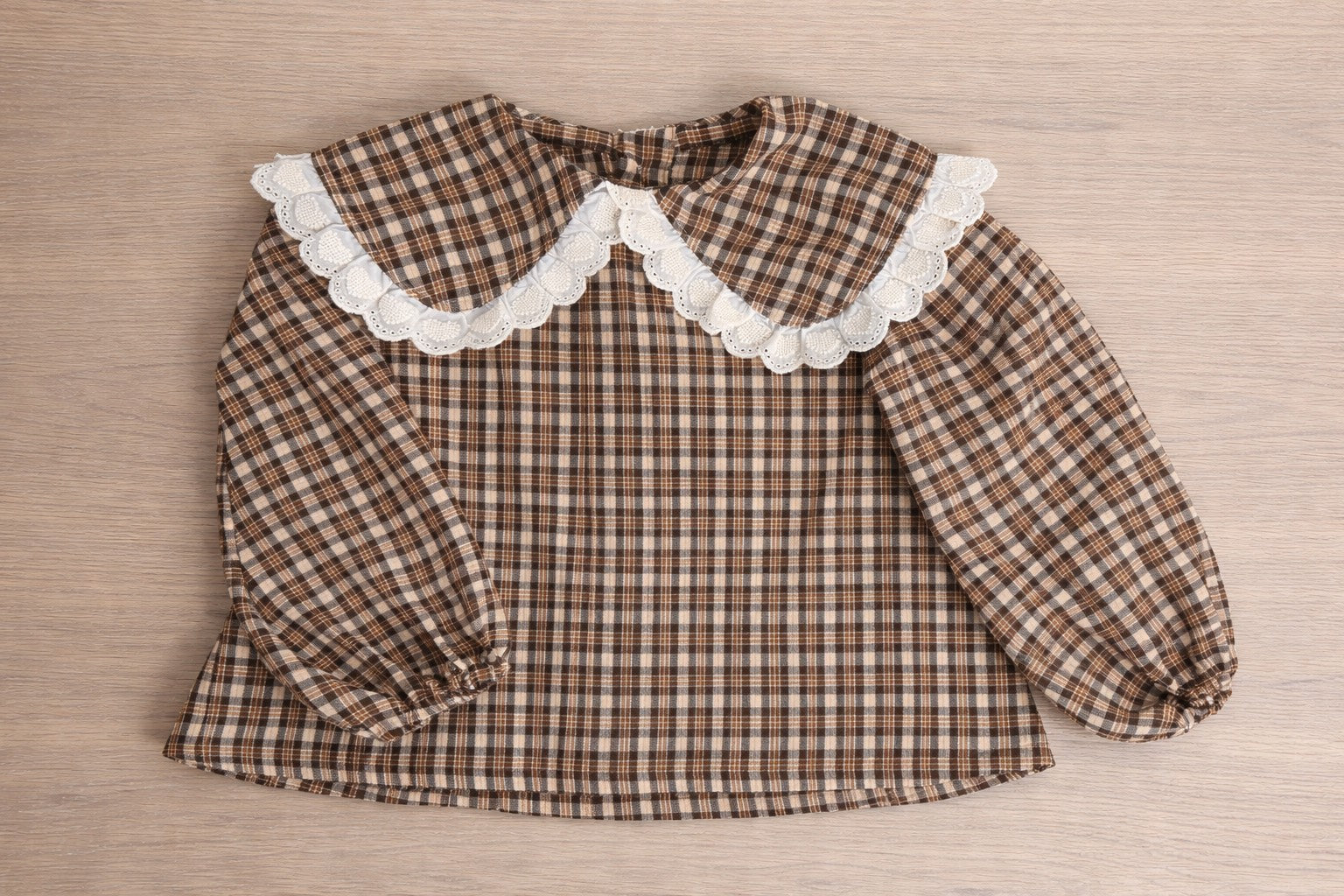 Vintage Plaid Lace Collar girls Blouse