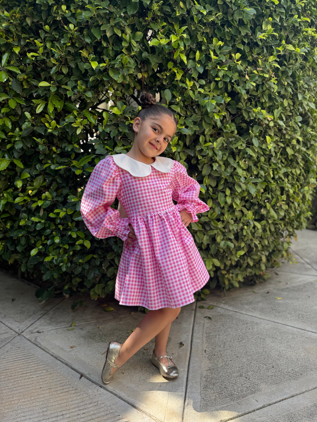 Pink Gingham Puff-Sleeve Dress