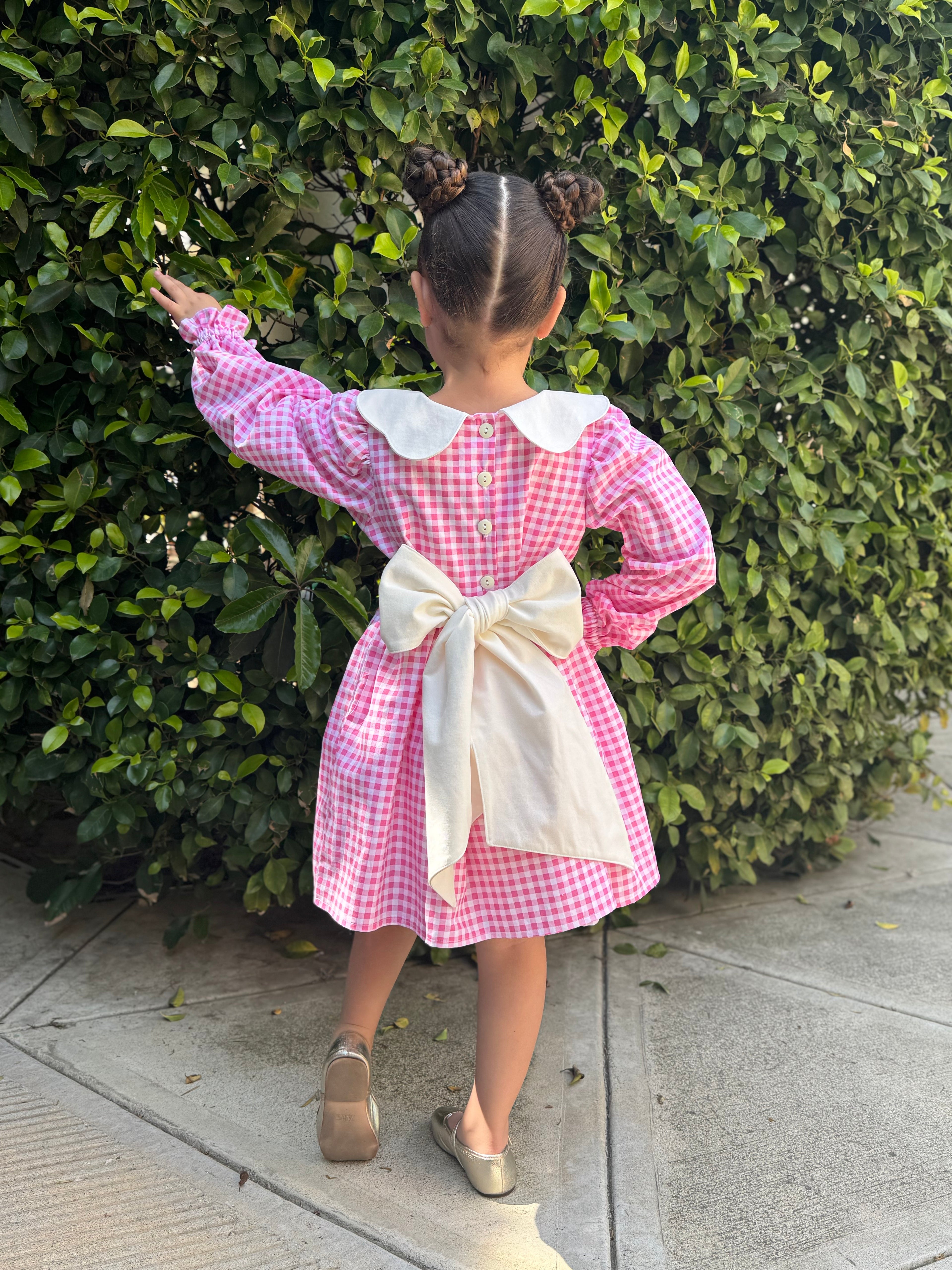 Pink Gingham Puff-Sleeve Dress