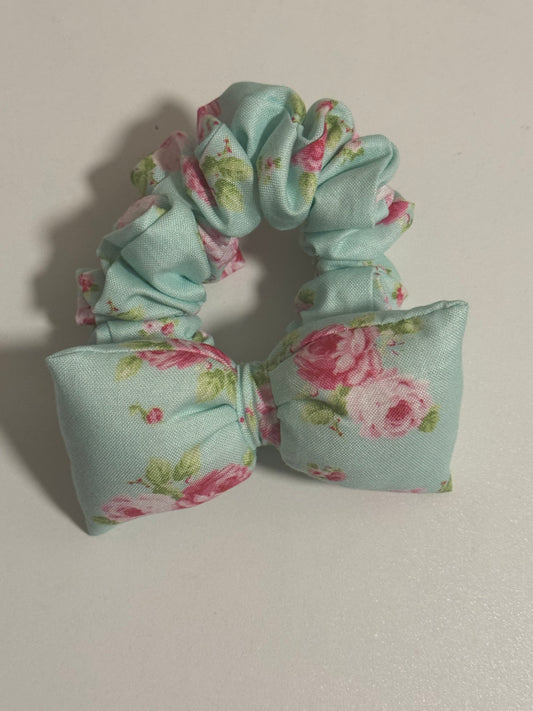 Aqua Floral Bow Scrunchie