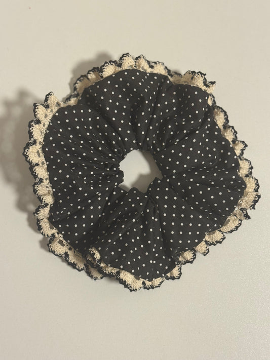 Black Polka Dot Lace Trim Scrunchie