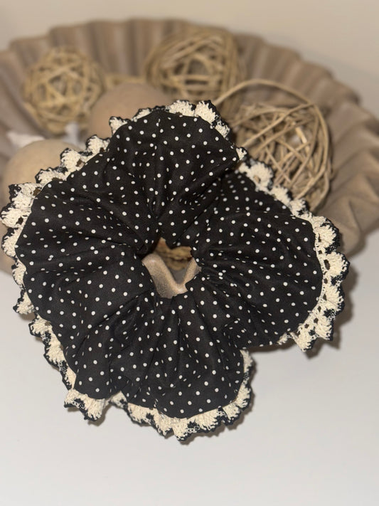 Black Polka Dot Lace Trim Scrunchie