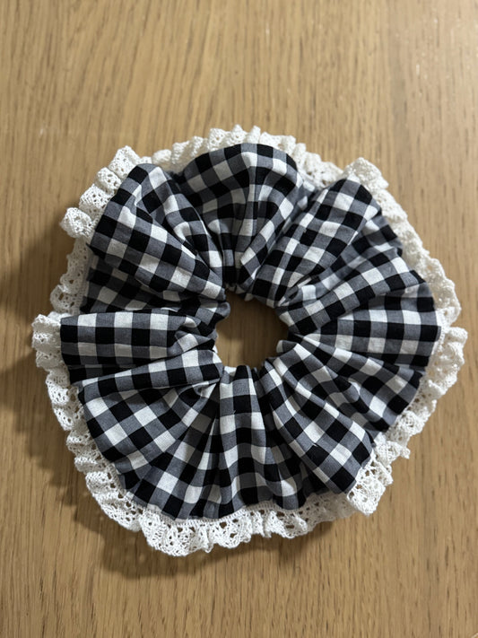 Black & White Gingham Scrunchie with Lace Trim