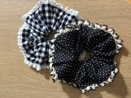 Black & White Gingham Scrunchie with Lace Trim
