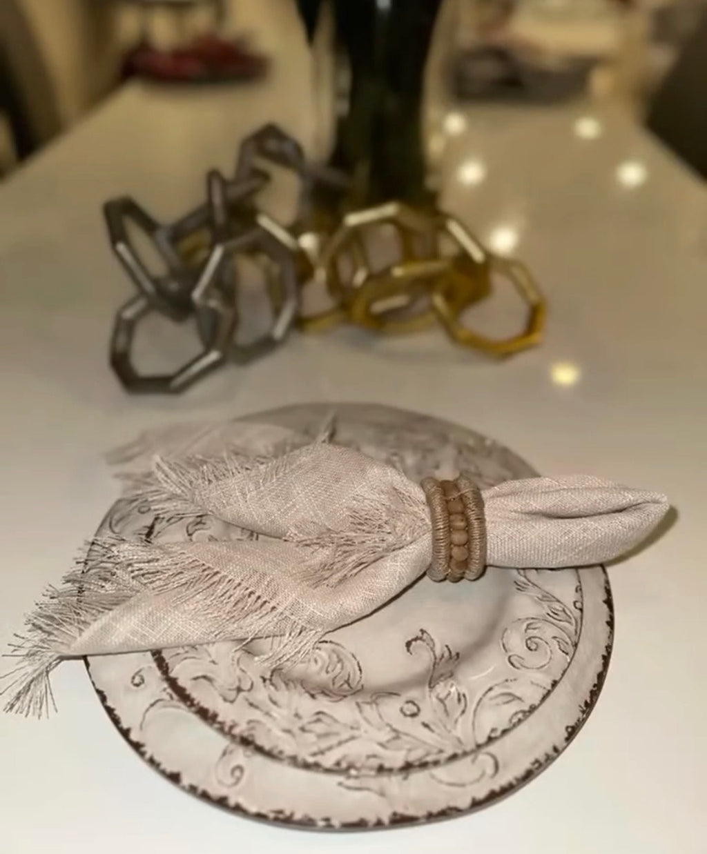 Handmade Linen Napkin Set of 4 Rustic Fringe Style