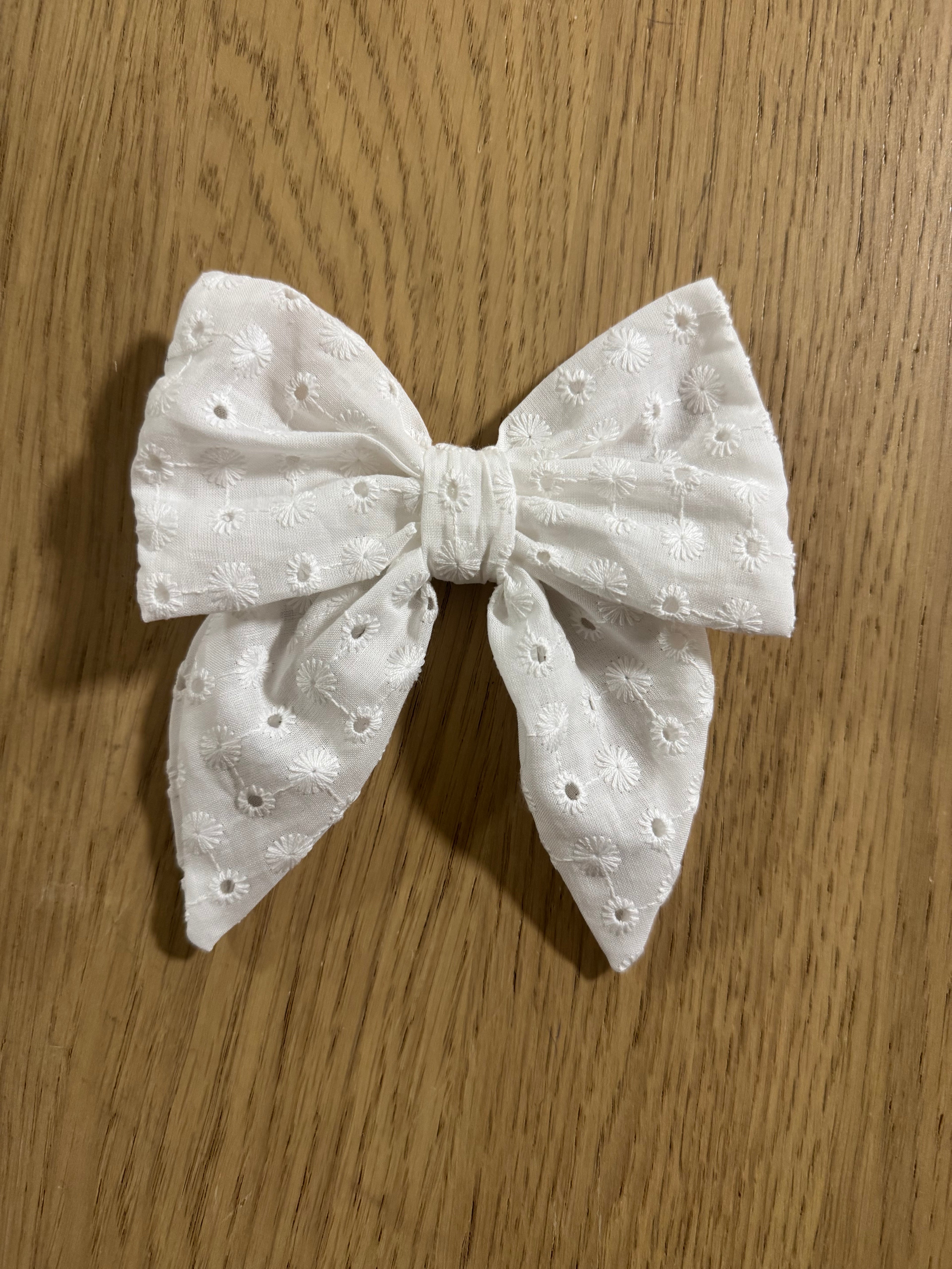 white Embroidered Fabric bow Hair Clip